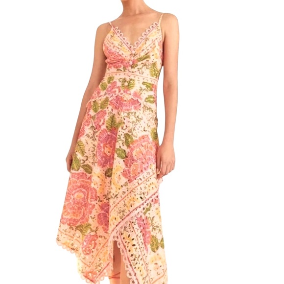 FARM Rio Dresses & Skirts - Farm Rio / Printed Eyelet Asymmetrical Dress / Boho Floral Midi Dress